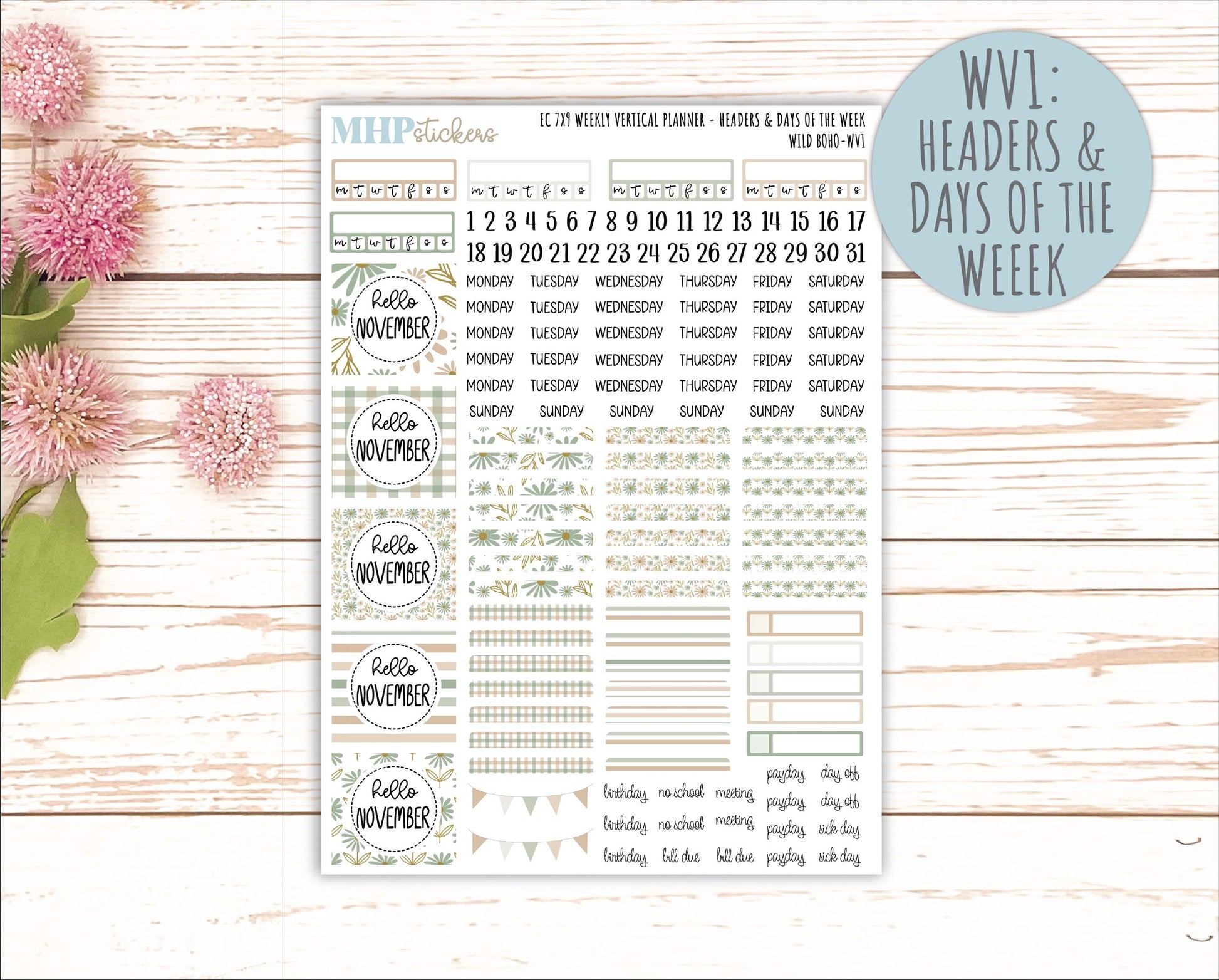 NOVEMBER Weekly Vertical Kits for 7x9 Erin Condren Planners. "Wild Boho" || ECWV