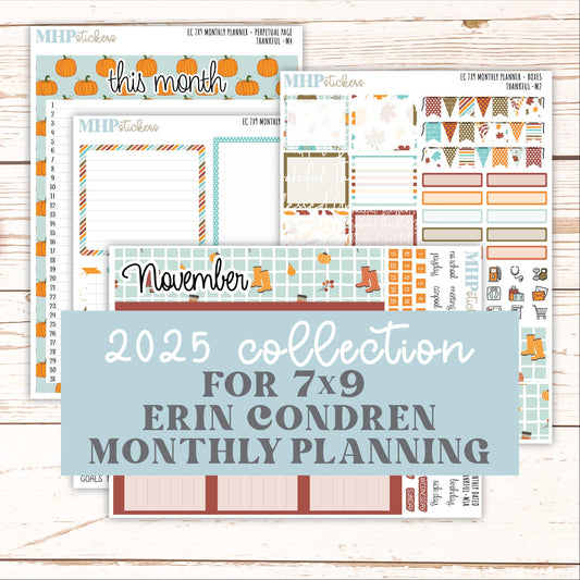NOVEMBER MONTHLY Kit for 7x9 Erin Condren Planners. 2025 Collection "Thankful" || ECM