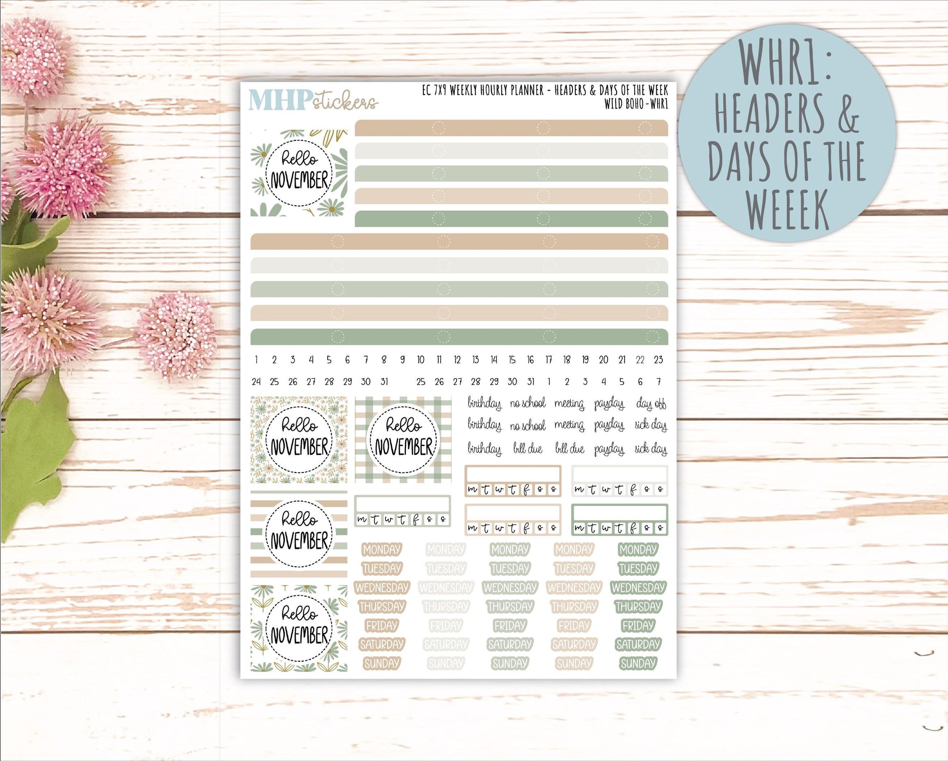 NOVEMBER Weekly Hourly Planning Kits for 7x9 Erin Condren Planners. "Wild Boho" || ECWHR