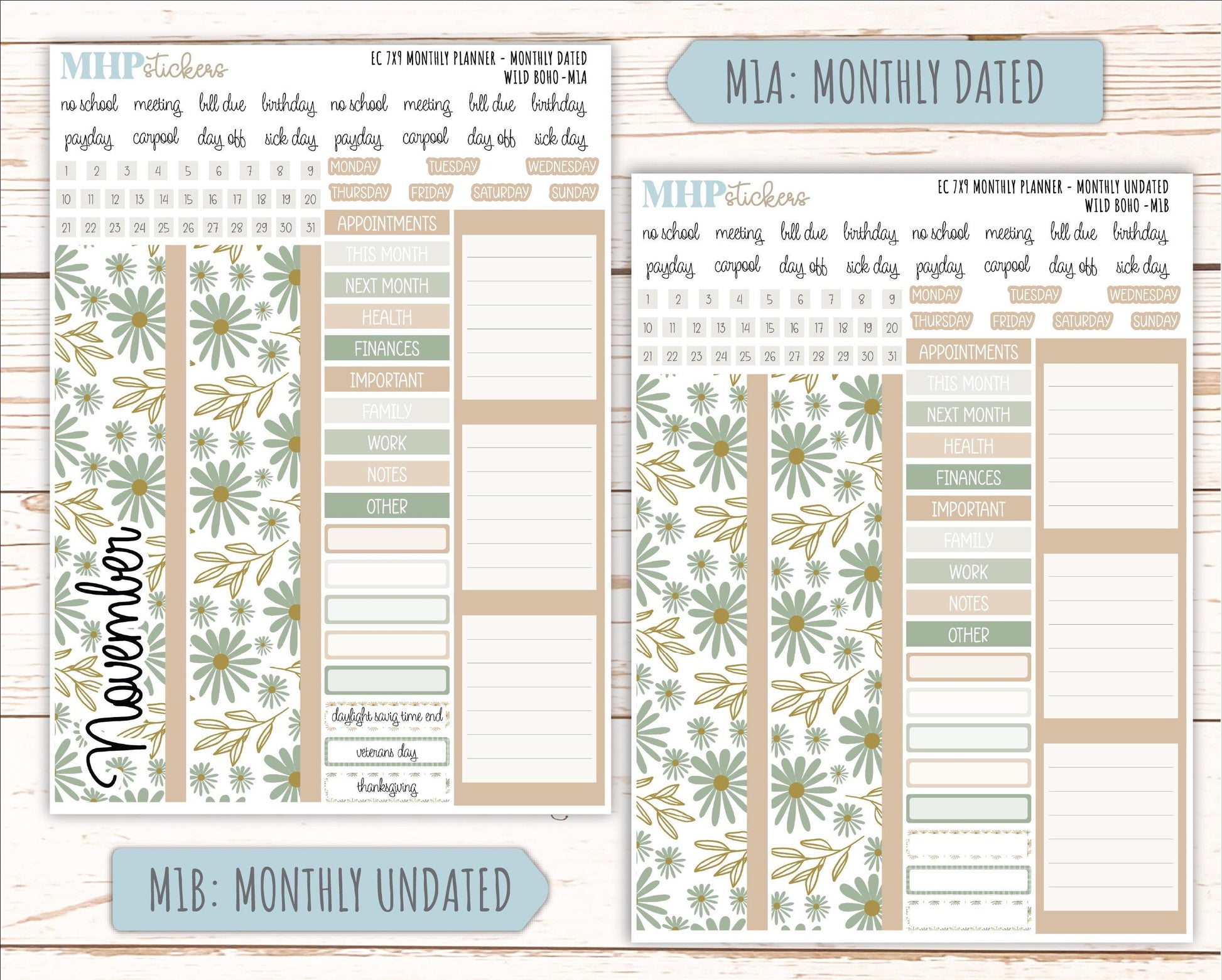 NOVEMBER MONTHLY Kit for 7x9 Erin Condren Planners. 2025 Collection "Wild Boho" || ECM