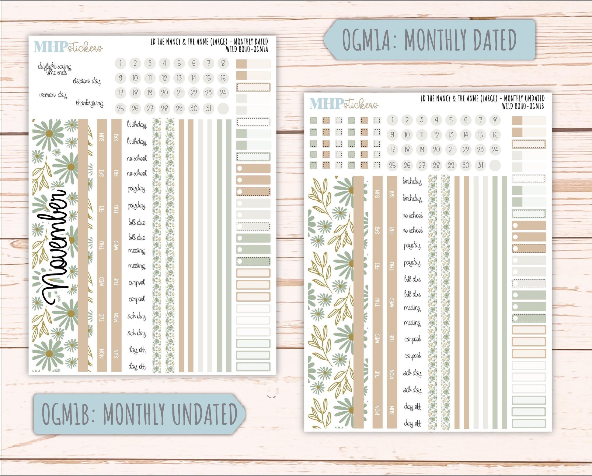 NOVEMBER 2025 Stickers for Large-size Horizontal & Vertical Laurel Denise Planners. (Formerly Original Size) "Wild Boho" || OG