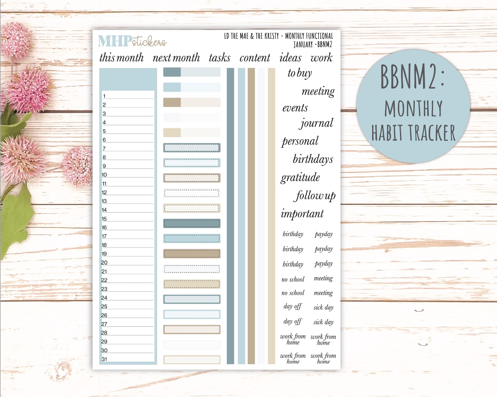 JANUARY Stickers for The Mae & Kristy Laurel Denise Planners (formerly Book Bound Planner). Neutral Color || BBN