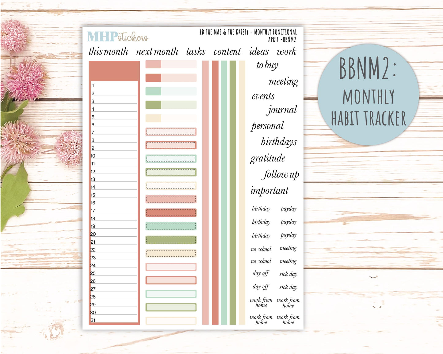 APRIL Stickers for The Mae & Kristy Laurel Denise Planners (formerly Book Bound Planner). Neutral Color || BBN