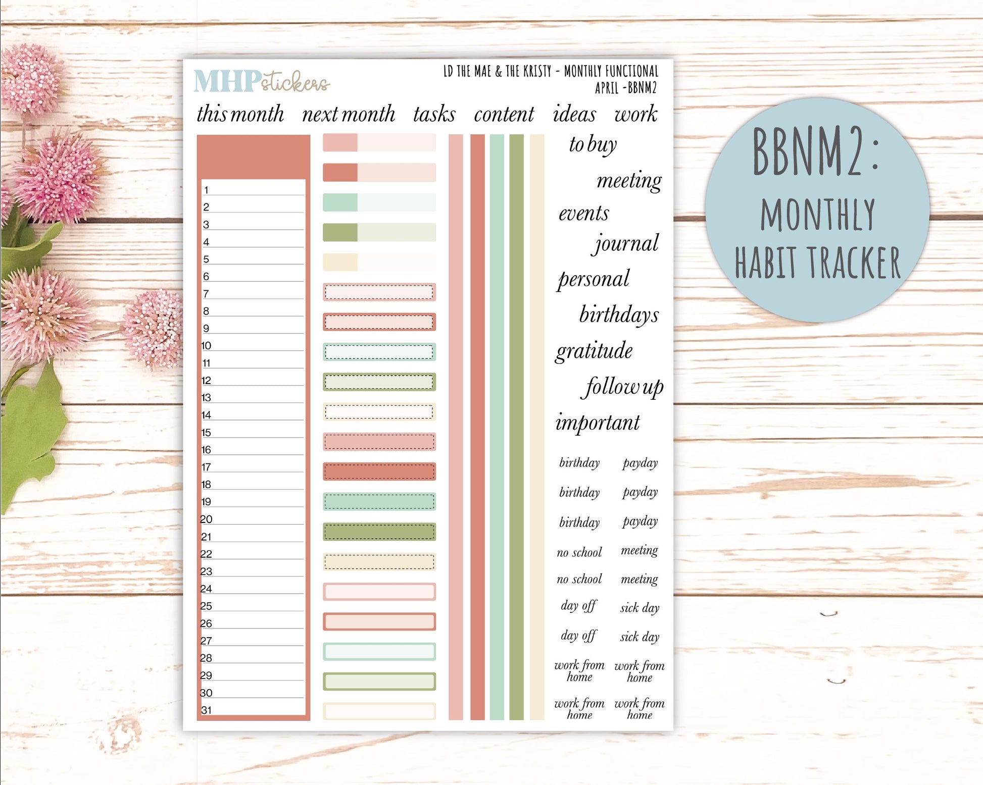 APRIL Stickers for The Mae & Kristy Laurel Denise Planners (formerly Book Bound Planner). Neutral Color || BBN