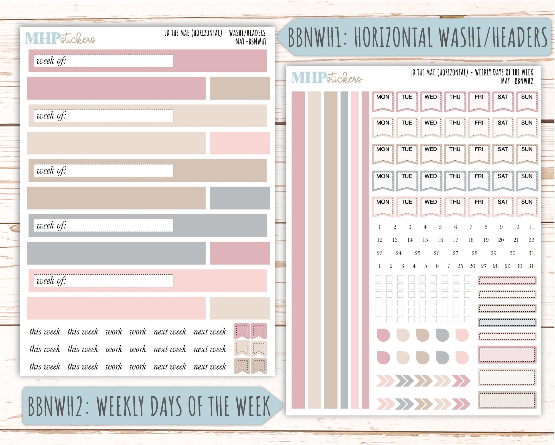 MAY Stickers for The Mae & Kristy Laurel Denise Planners (formerly Book Bound Planner). Neutral Color || BBN
