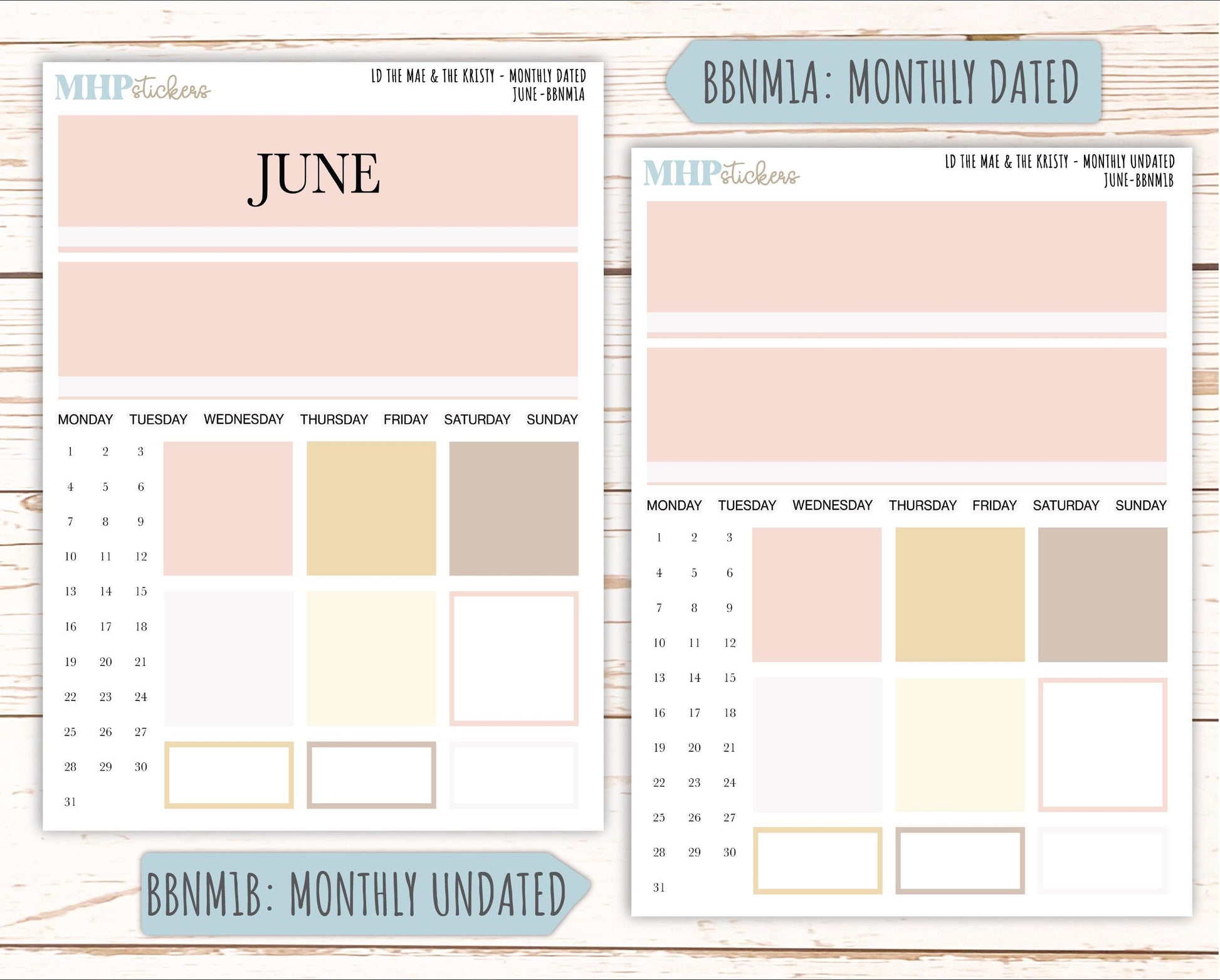 JUNE Stickers for The Mae & Kristy Laurel Denise Planners (formerly Book Bound Planner). Neutral Color || BBN