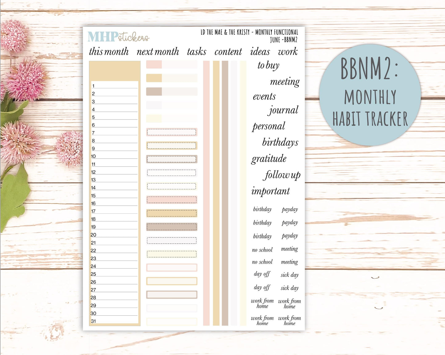 JUNE Stickers for The Mae & Kristy Laurel Denise Planners (formerly Book Bound Planner). Neutral Color || BBN
