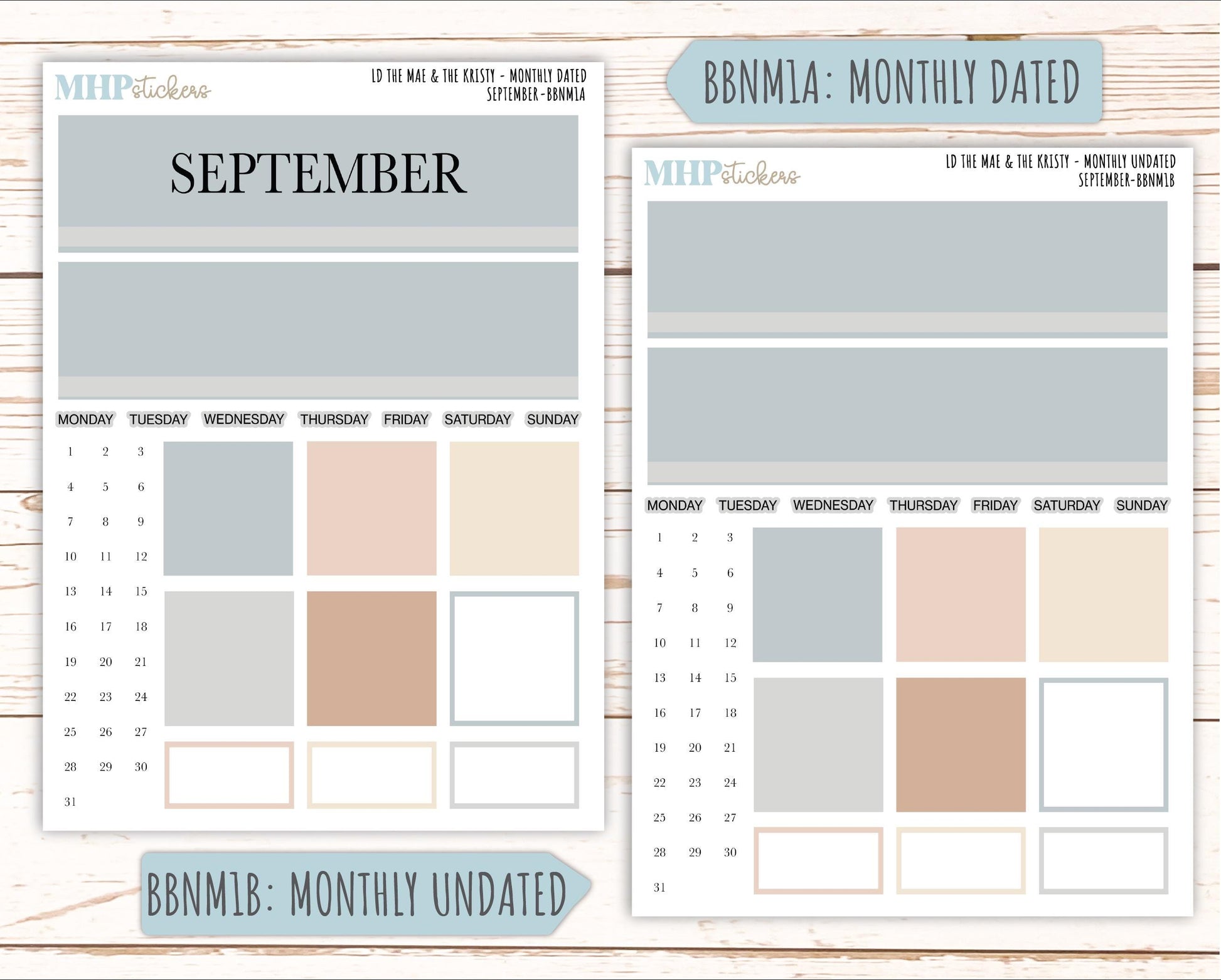 SEPTEMBER Stickers for The Mae & Kristy Laurel Denise Planners (formerly Book Bound Planner). Neutral Color || BBN