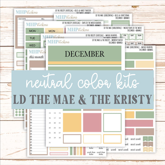 DECEMBER Stickers for The Mae & Kristy Laurel Denise Planners (formerly Book Bound Planner). Neutral Color || BBN