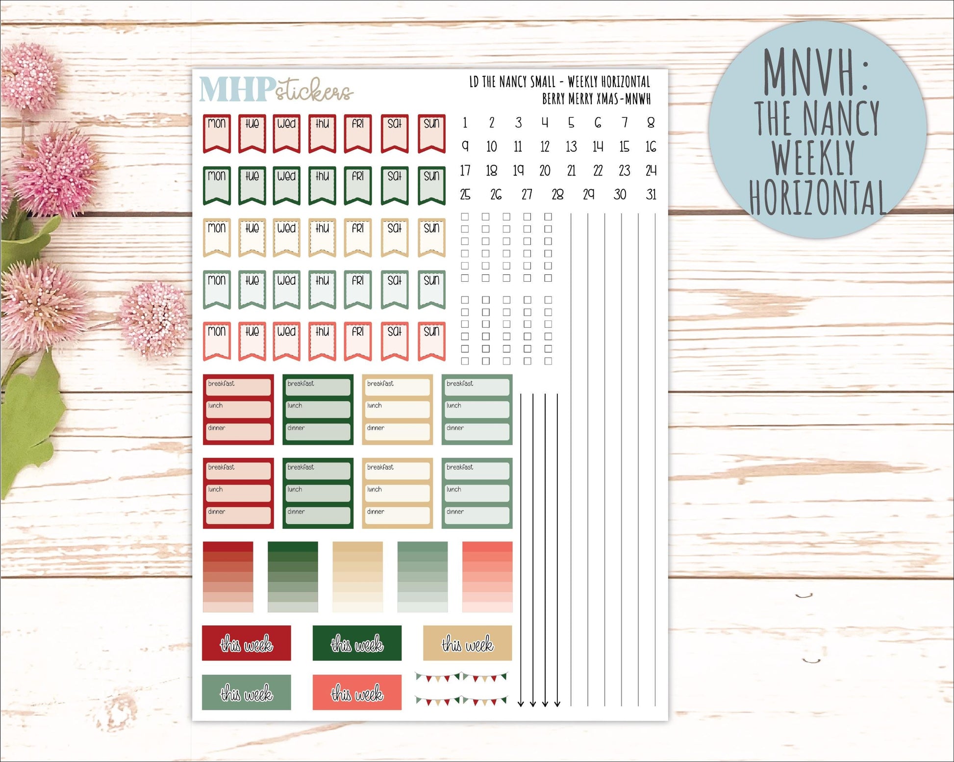DECEMBER 2025 Stickers for Small Nancy & Anne Laurel Denise Planners. (Formerly Mini Planner) "Berry Merry Xmas" || MN