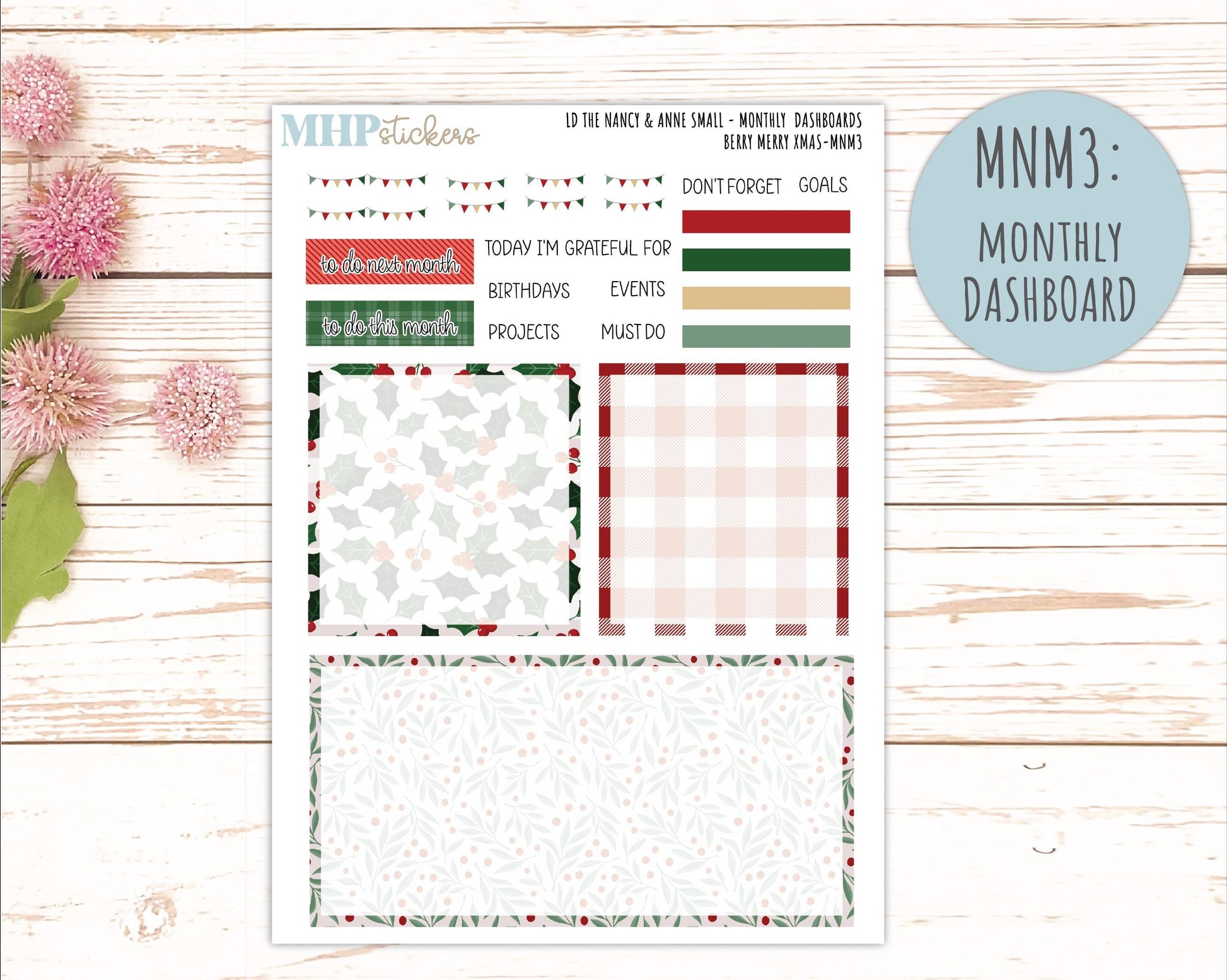 DECEMBER 2025 Stickers for Small Nancy & Anne Laurel Denise Planners. (Formerly Mini Planner) "Berry Merry Xmas" || MN