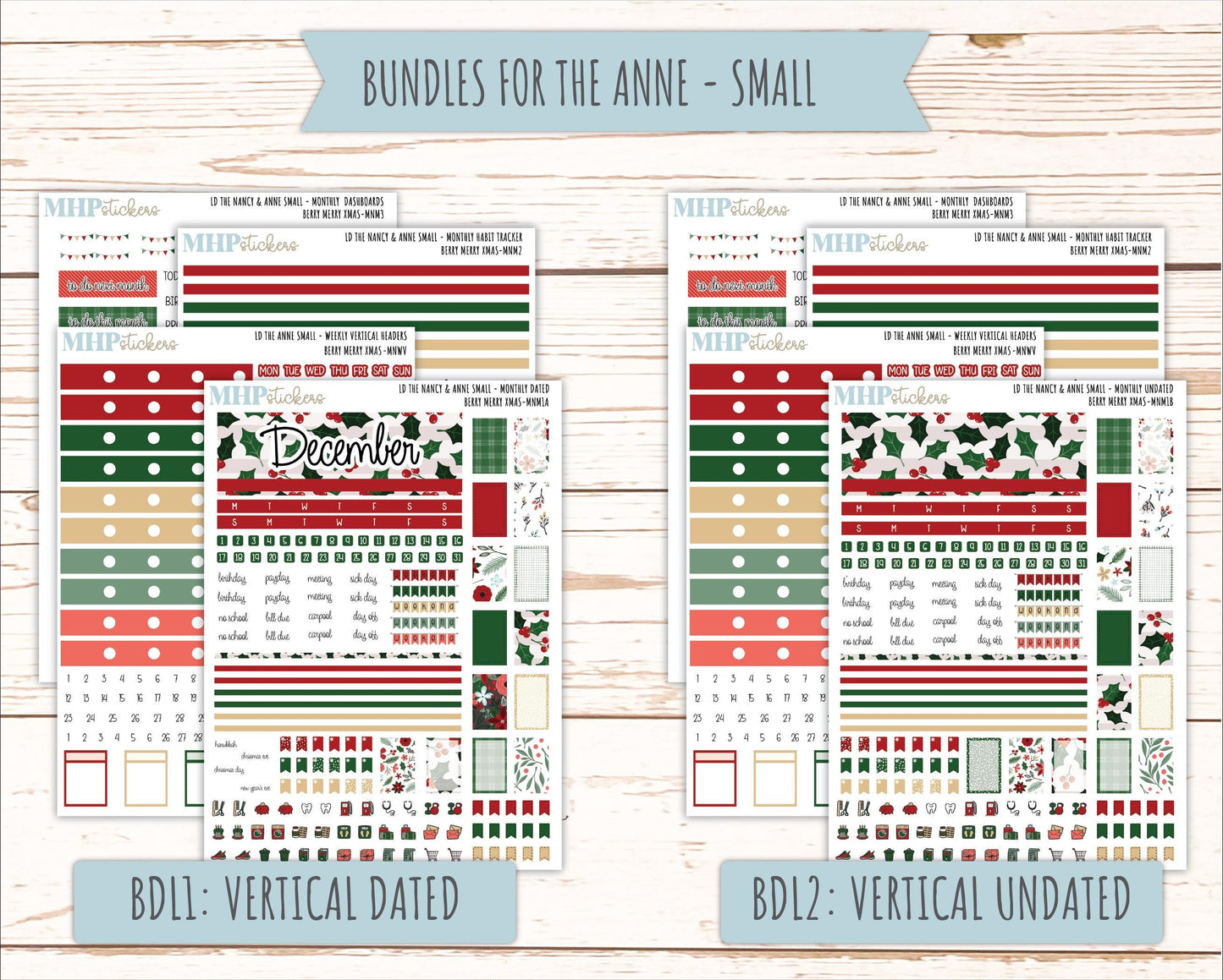 DECEMBER 2025 Stickers for Small Nancy & Anne Laurel Denise Planners. (Formerly Mini Planner) "Berry Merry Xmas" || MN