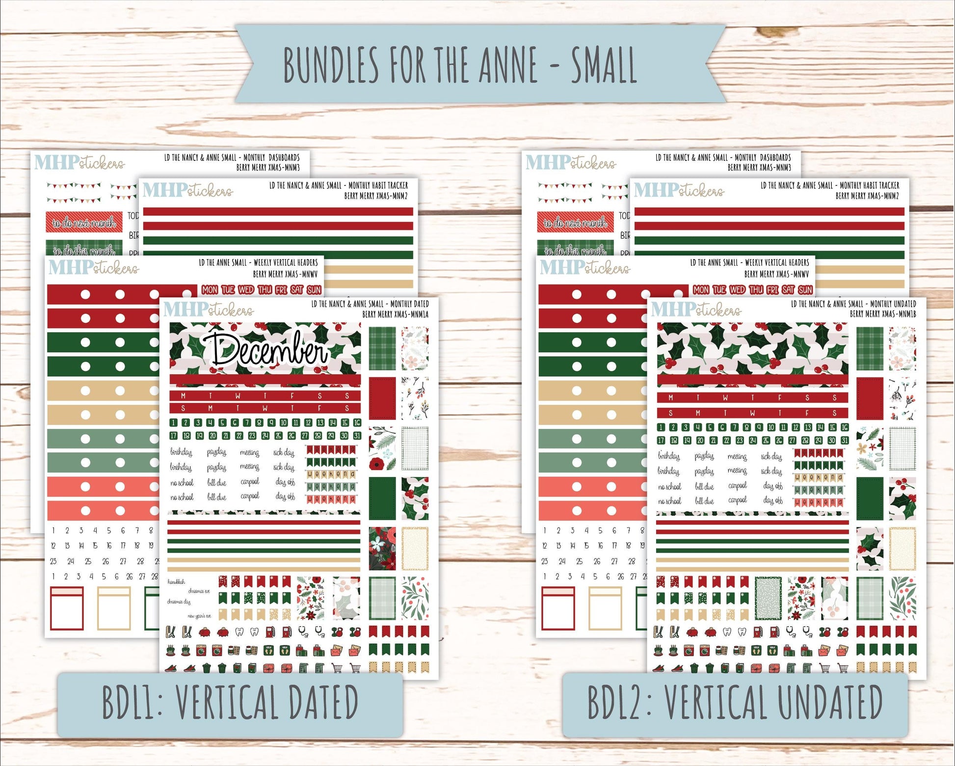 DECEMBER 2025 Stickers for Small Nancy & Anne Laurel Denise Planners. (Formerly Mini Planner) "Berry Merry Xmas" || MN