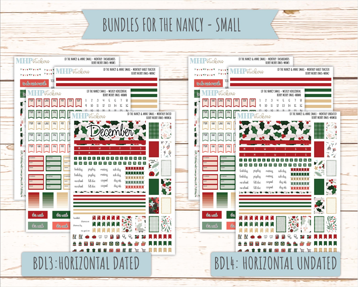 DECEMBER 2025 Stickers for Small Nancy & Anne Laurel Denise Planners. (Formerly Mini Planner) "Berry Merry Xmas" || MN