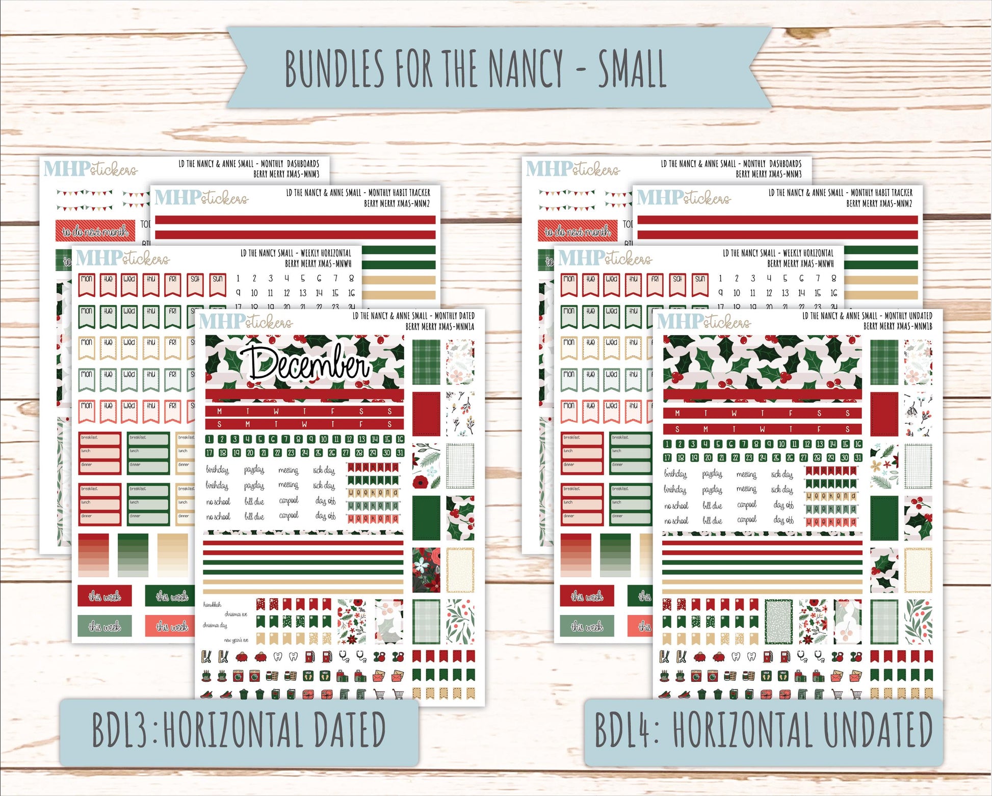 DECEMBER 2025 Stickers for Small Nancy & Anne Laurel Denise Planners. (Formerly Mini Planner) "Berry Merry Xmas" || MN