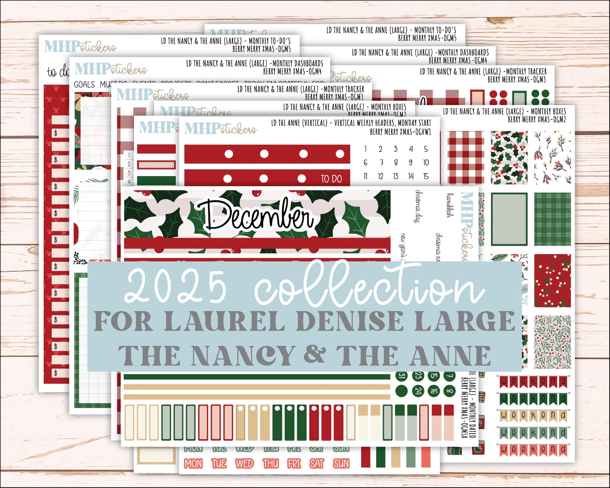 DECEMBER 2025 Stickers for Large-size Horizontal & Vertical Laurel Denise Planners. (Formerly Original Size) "Berry Merry Xmas" || OG
