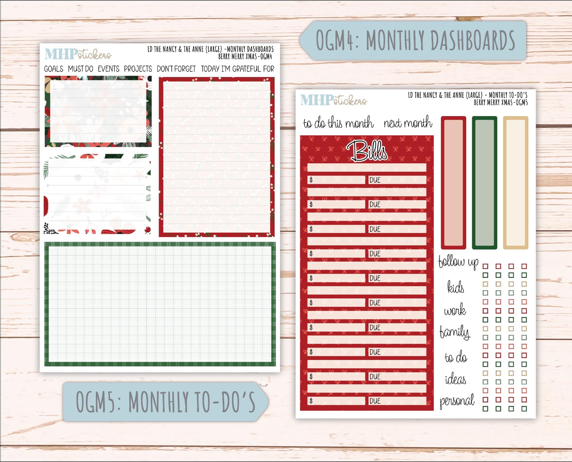 DECEMBER 2025 Stickers for Large-size Horizontal & Vertical Laurel Denise Planners. (Formerly Original Size) "Berry Merry Xmas" || OG