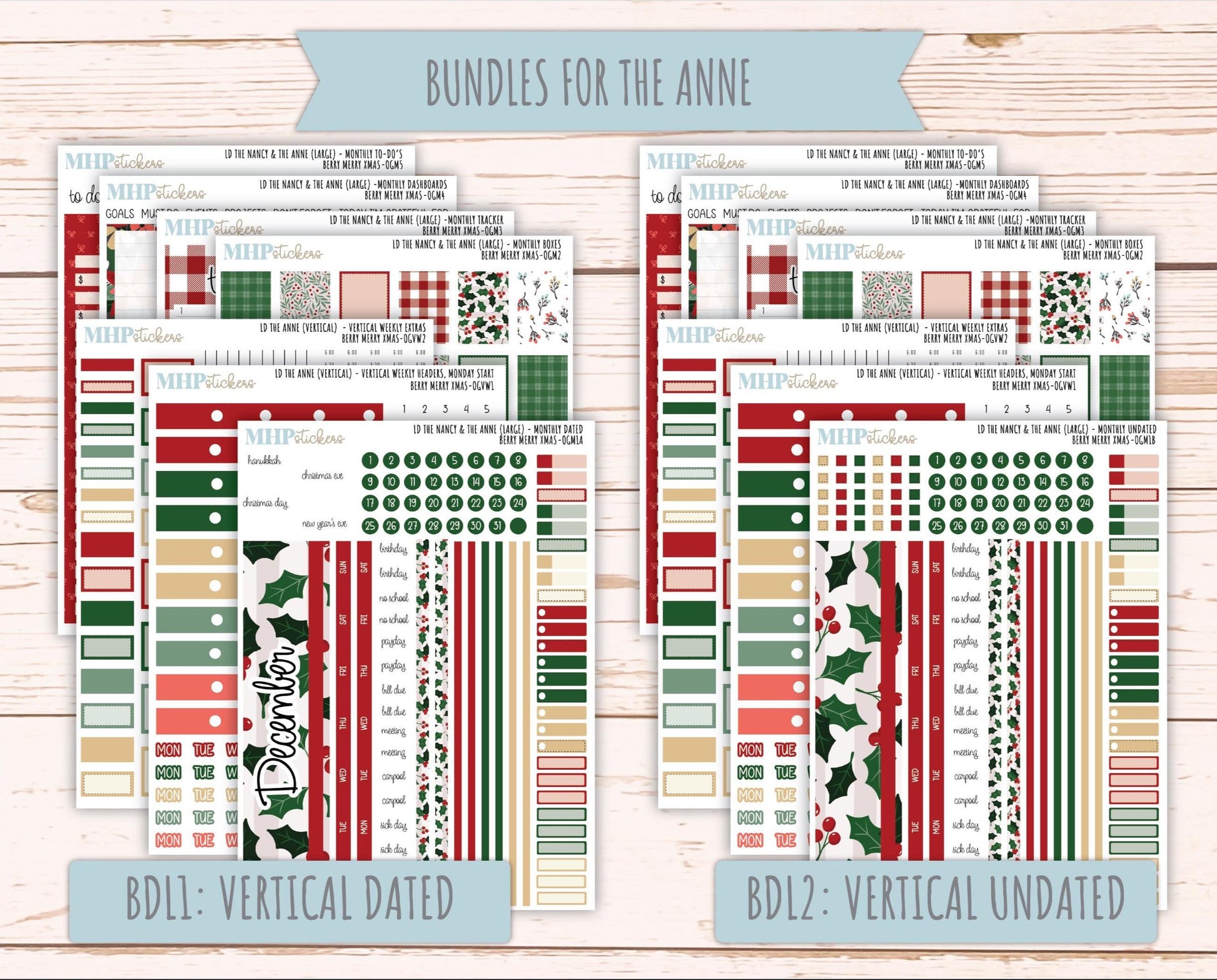 DECEMBER 2025 Stickers for Large-size Horizontal & Vertical Laurel Denise Planners. (Formerly Original Size) "Berry Merry Xmas" || OG