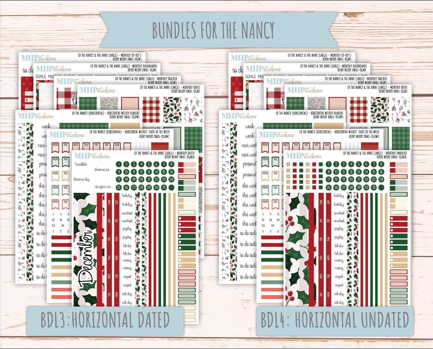 DECEMBER 2025 Stickers for Large-size Horizontal & Vertical Laurel Denise Planners. (Formerly Original Size) "Berry Merry Xmas" || OG