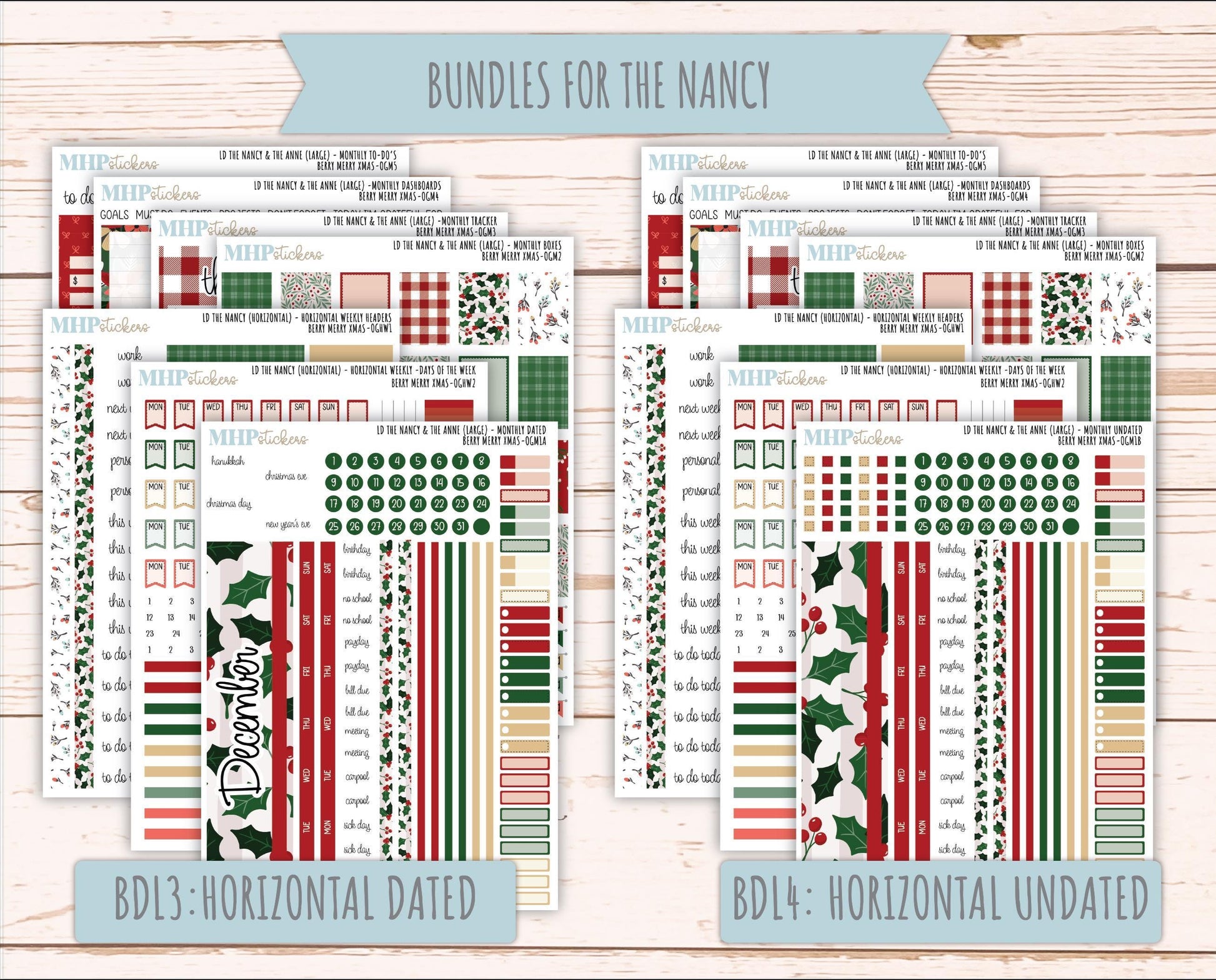 DECEMBER 2025 Stickers for Large-size Horizontal & Vertical Laurel Denise Planners. (Formerly Original Size) "Berry Merry Xmas" || OG