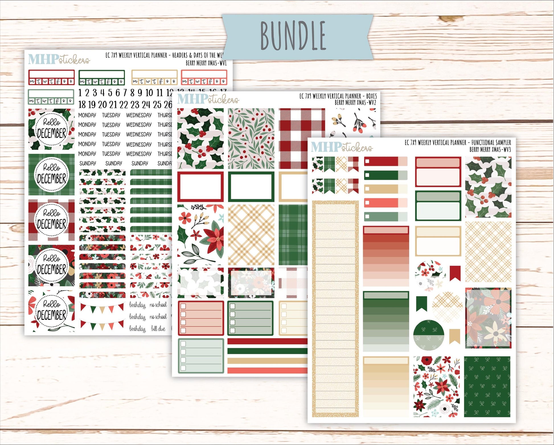 DECEMBER Weekly Vertical Kits for 7x9 Erin Condren Planners. "Berry Merry Xmas" || ECWV