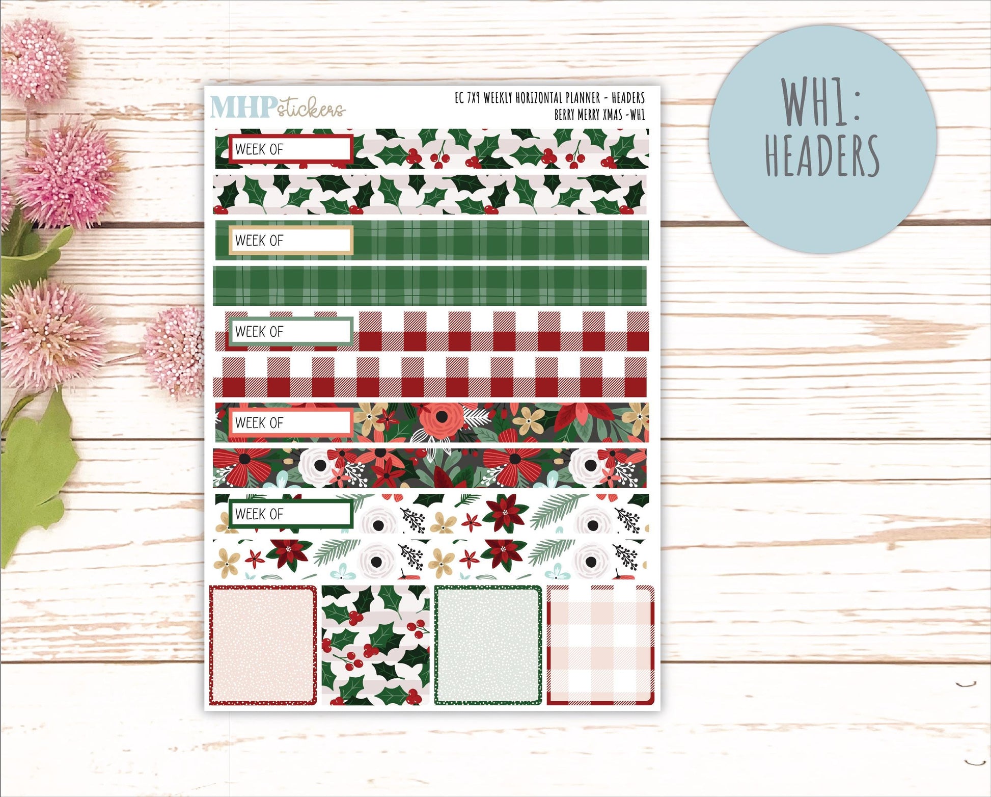 DECEMBER Weekly Horizontal Planning Kit for 7x9 Erin Condren Planners. "Berry Merry Xmas" || ECWH