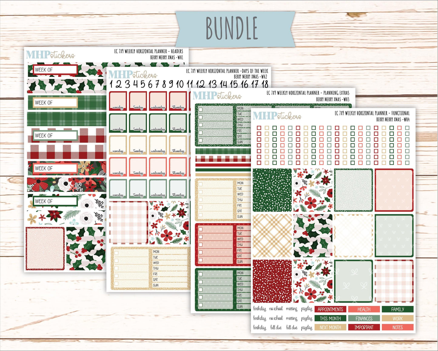 DECEMBER Weekly Horizontal Planning Kit for 7x9 Erin Condren Planners. "Berry Merry Xmas" || ECWH