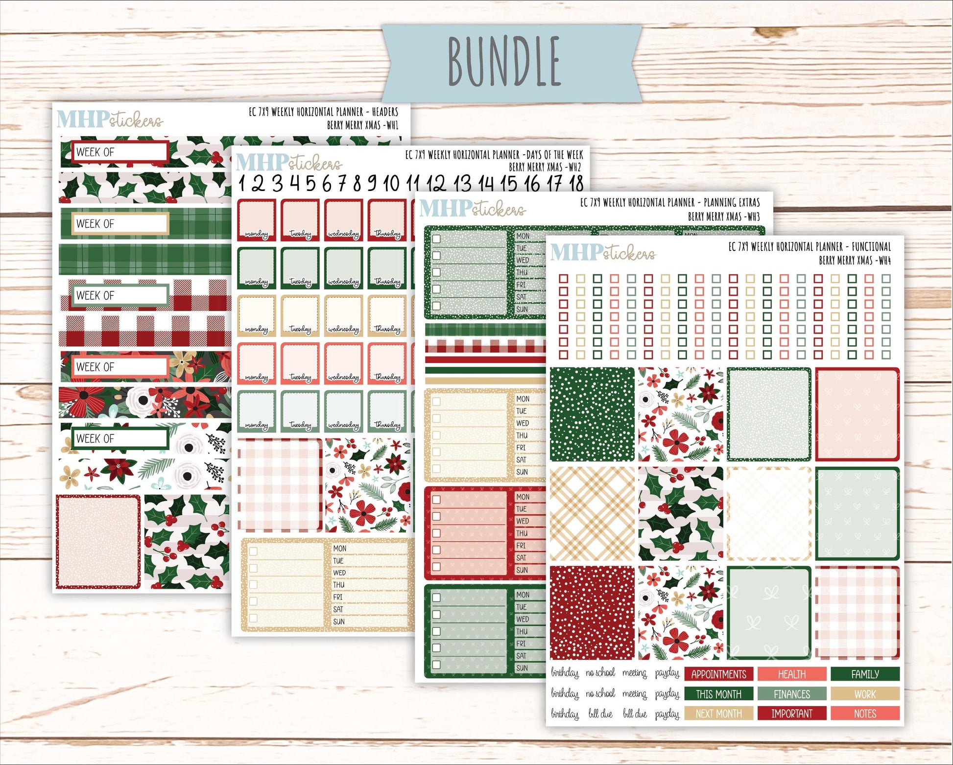 DECEMBER Weekly Horizontal Planning Kit for 7x9 Erin Condren Planners. "Berry Merry Xmas" || ECWH