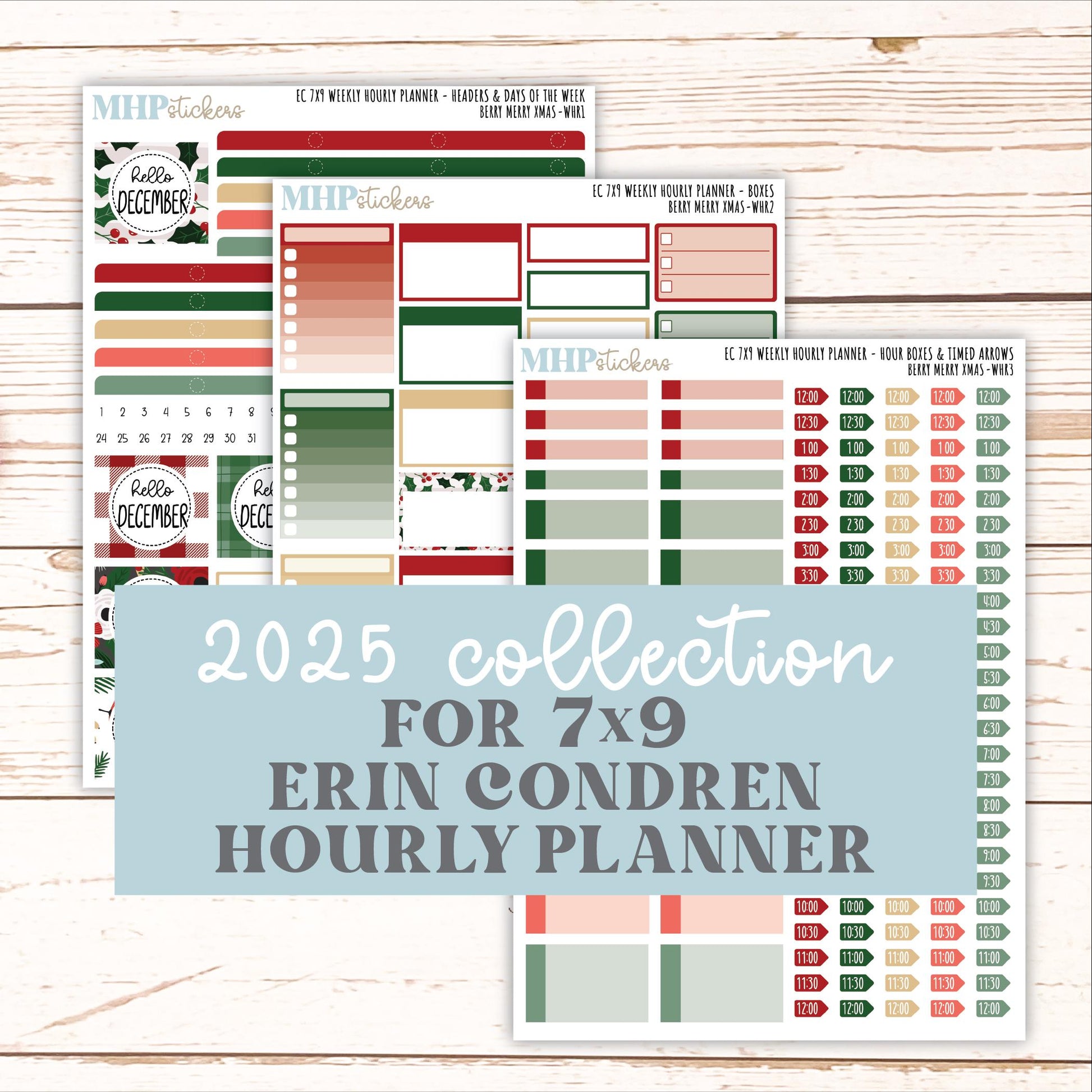 DECEMBER Weekly Hourly Planning Kits for 7x9 Erin Condren Planners. "Berry Merry Xmas" || ECWHR
