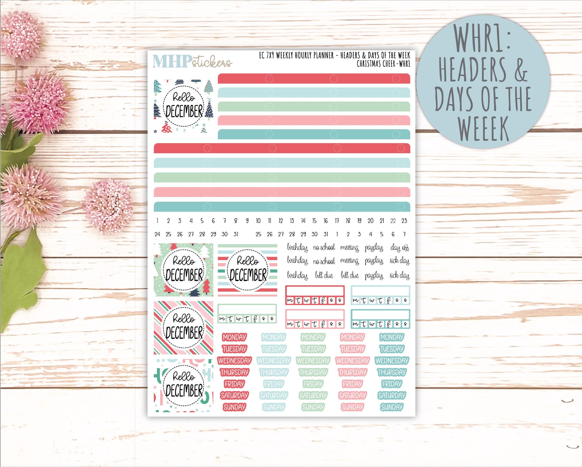 DECEMBER Weekly Hourly Planning Kits for 7x9 Erin Condren Planners. "Christmas Cheer" || ECWHR