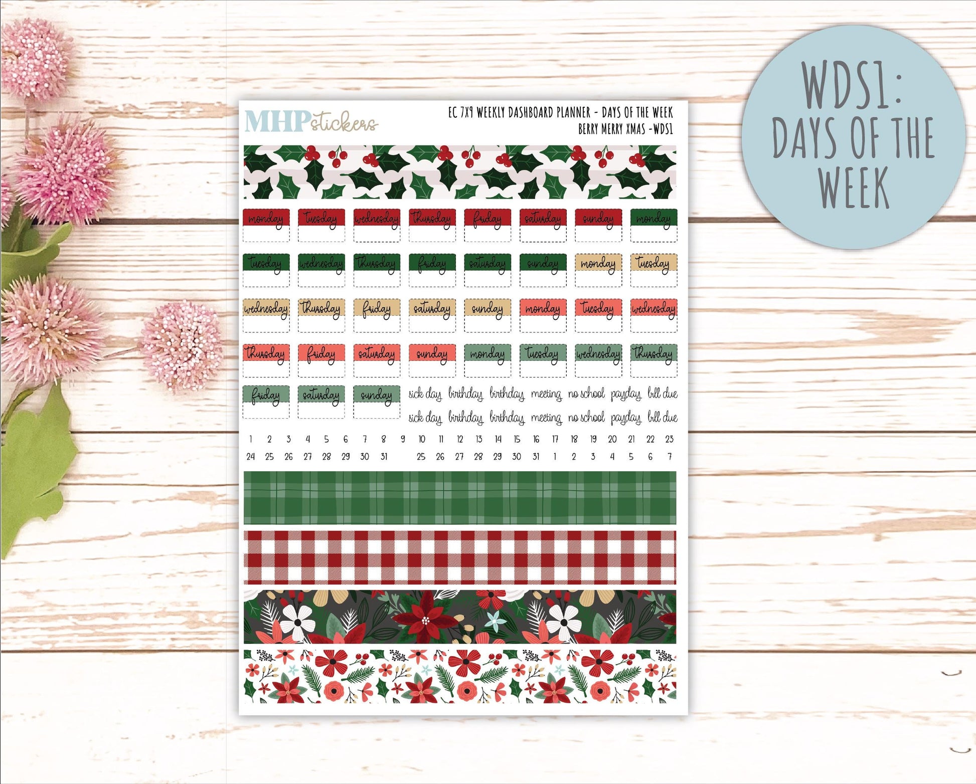 DECEMBER Weekly Dashboard Kit for 7x9 Erin Condren Planners. "Berry Merry Xmas" || ECWDS