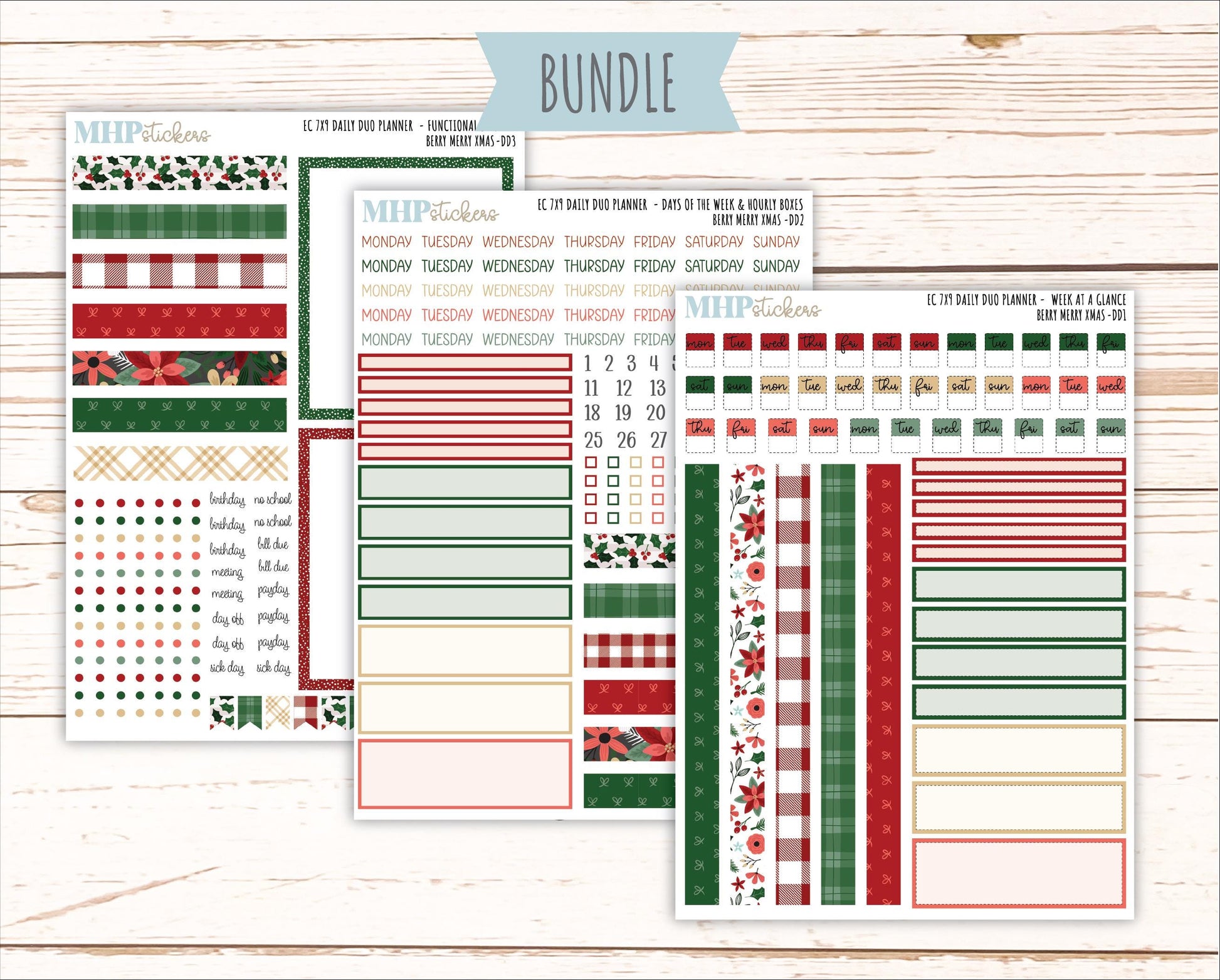 DECEMBER Daily Duo Sticker Kit for 7x9 Erin Condren Planners. "Berry Merry Xmas" || ECDD