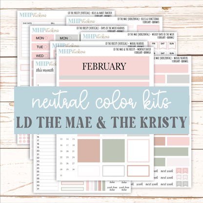 FEBRUARY Stickers for The Mae & Kristy Laurel Denise Planners (formerly Book Bound Planner). Neutral Color || BBN
