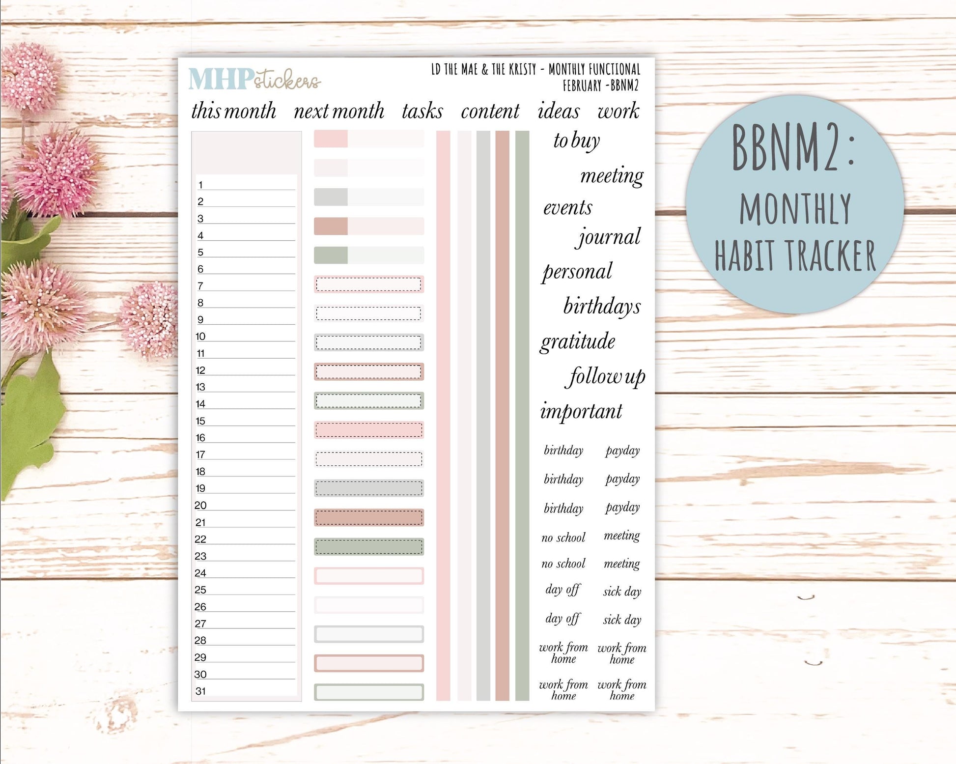FEBRUARY Stickers for The Mae & Kristy Laurel Denise Planners (formerly Book Bound Planner). Neutral Color || BBN