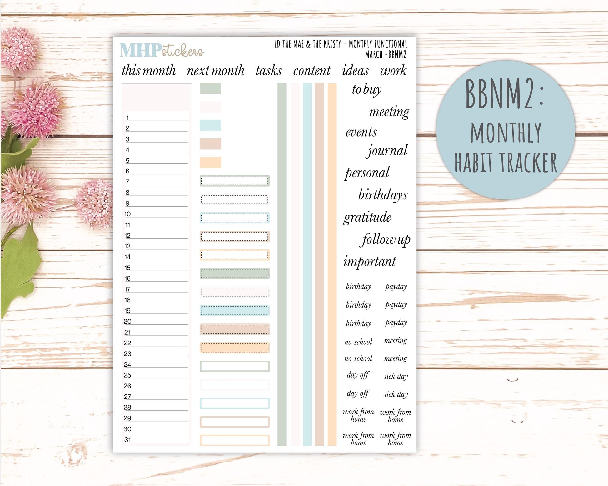 MARCH Stickers for The Mae & Kristy Laurel Denise Planners (formerly Book Bound Planner). Neutral Color || BBN