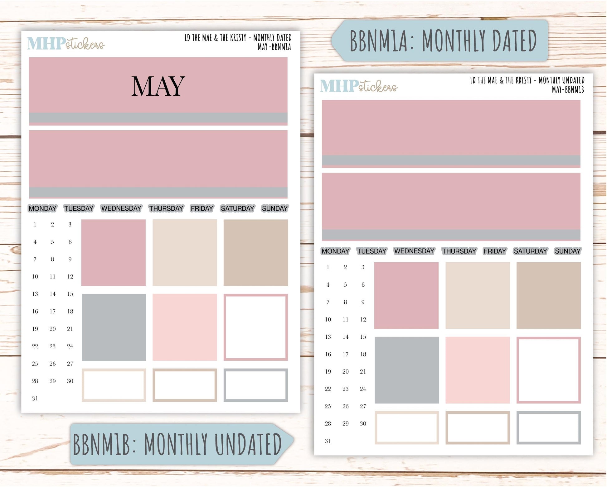 MAY Stickers for The Mae & Kristy Laurel Denise Planners (formerly Book Bound Planner). Neutral Color || BBN