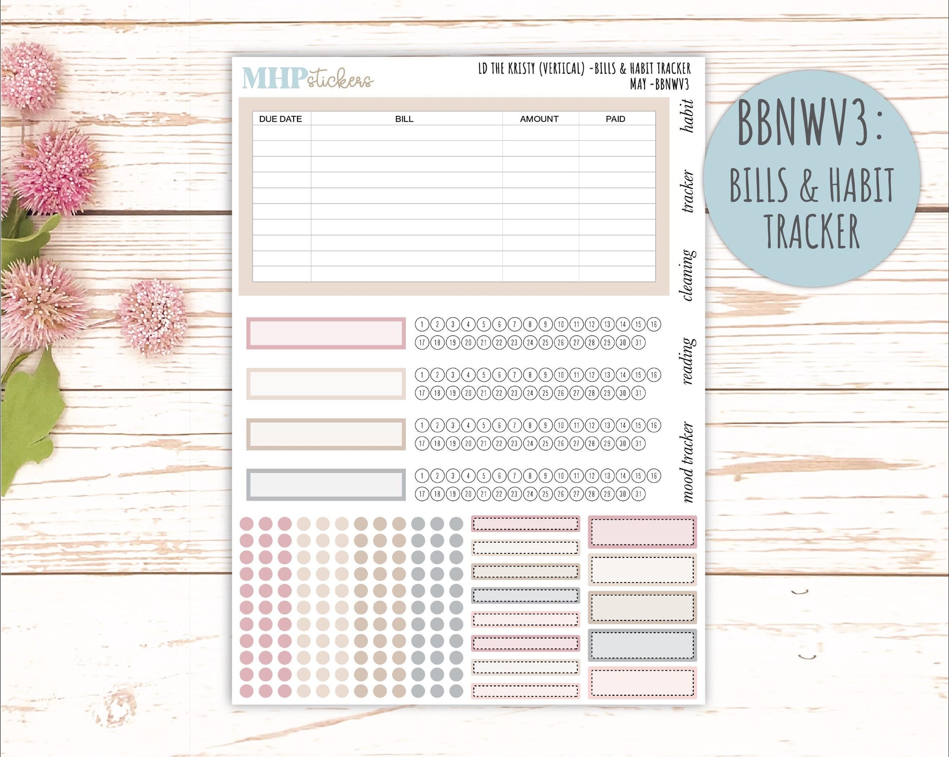 MAY Stickers for The Mae & Kristy Laurel Denise Planners (formerly Book Bound Planner). Neutral Color || BBN