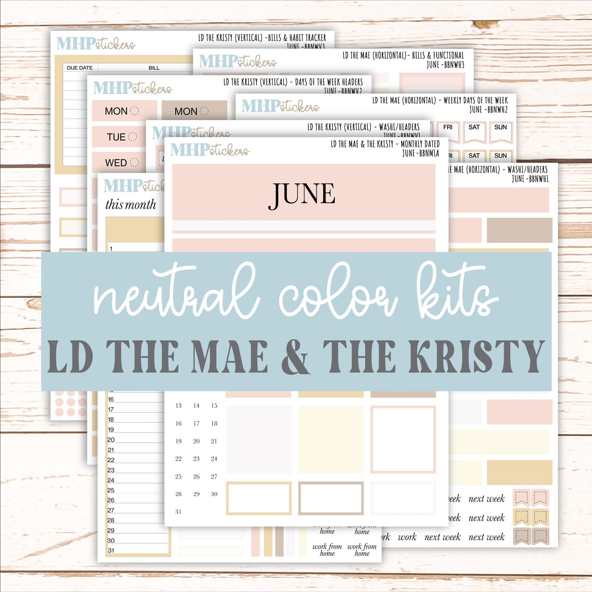 JUNE Stickers for The Mae & Kristy Laurel Denise Planners (formerly Book Bound Planner). Neutral Color || BBN