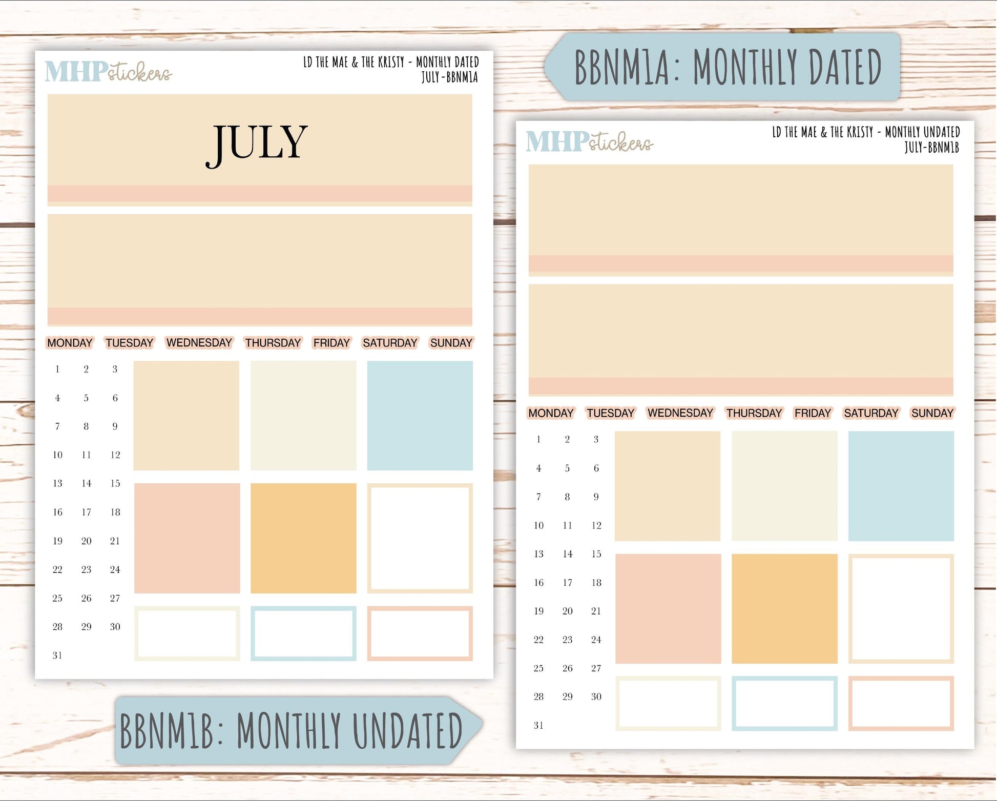 JULY Stickers for The Mae & Kristy Laurel Denise Planners (formerly Book Bound Planner). Neutral Color || BBN