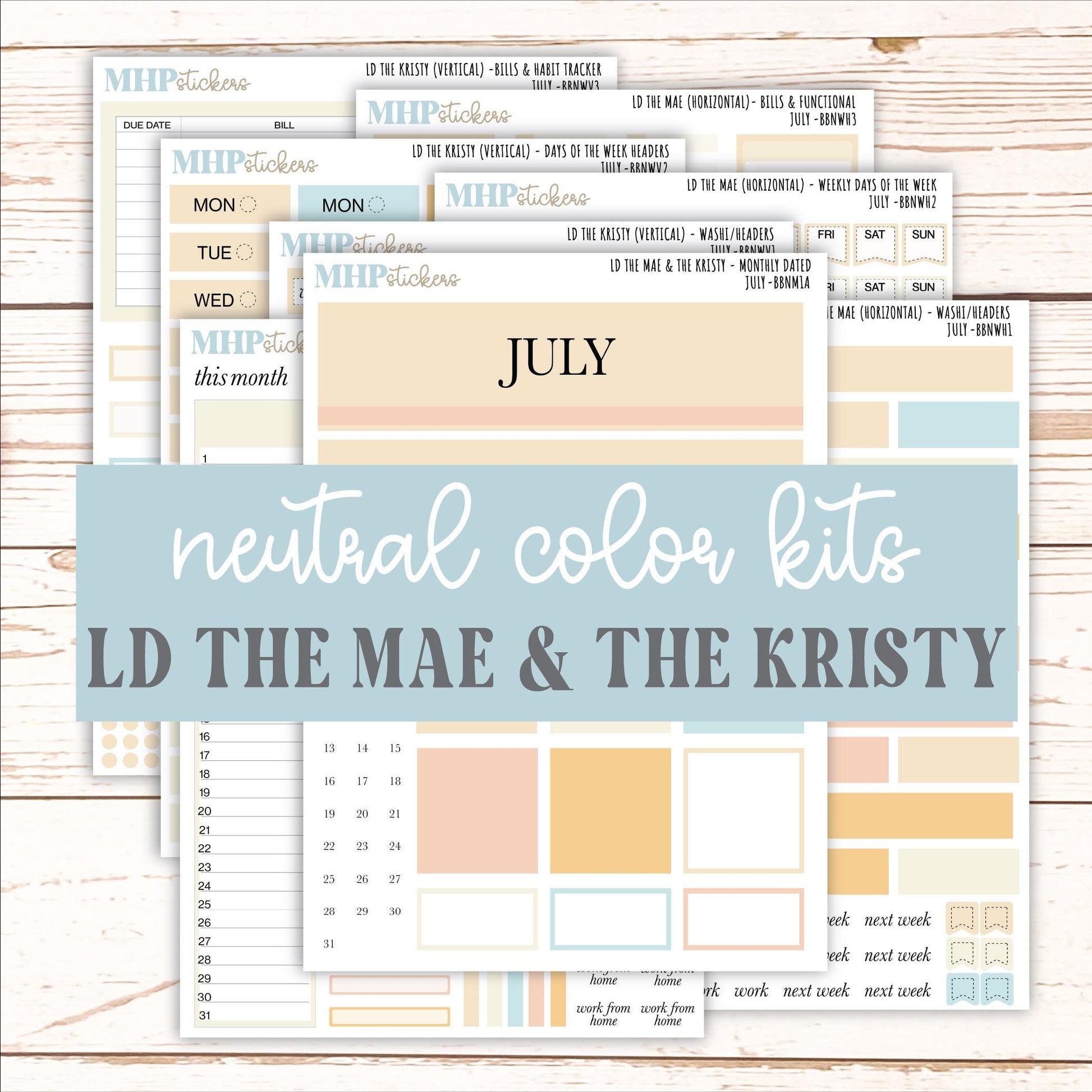 JULY Stickers for The Mae & Kristy Laurel Denise Planners (formerly Book Bound Planner). Neutral Color || BBN