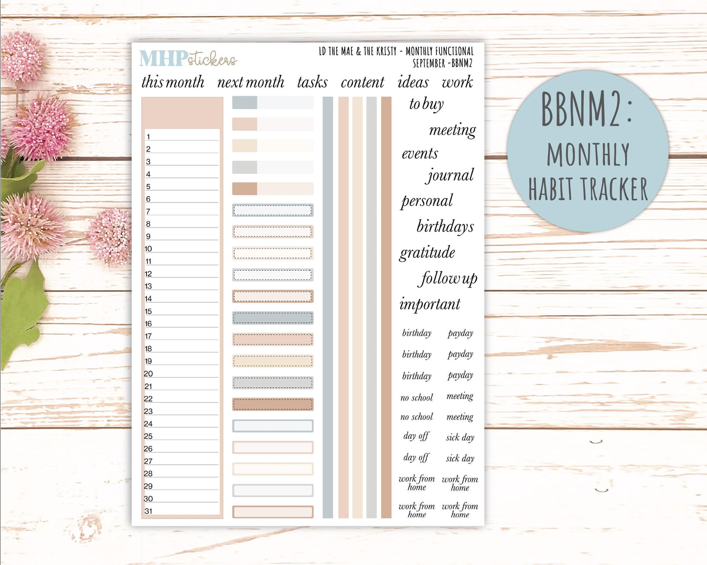 SEPTEMBER Stickers for The Mae & Kristy Laurel Denise Planners (formerly Book Bound Planner). Neutral Color || BBN