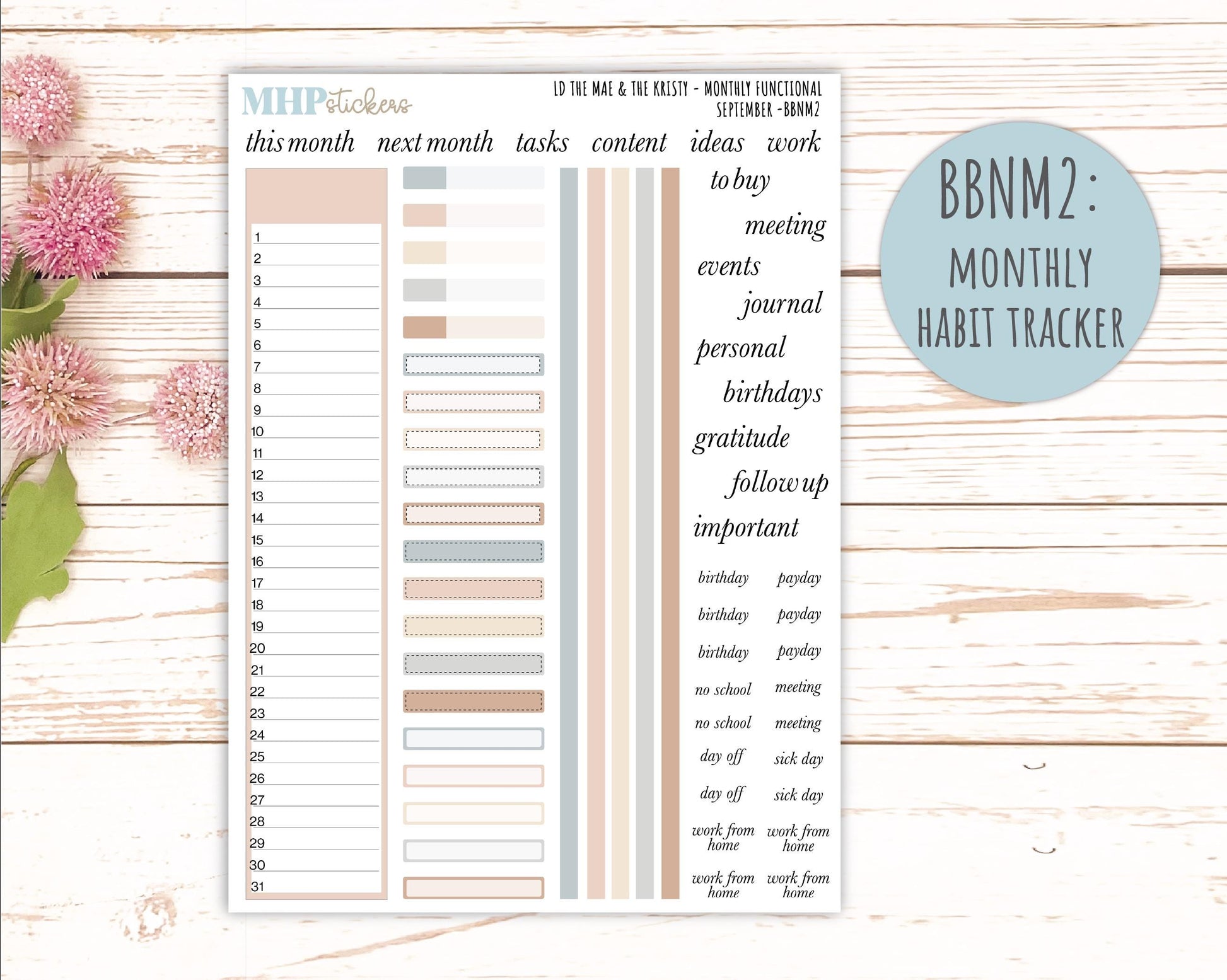 SEPTEMBER Stickers for The Mae & Kristy Laurel Denise Planners (formerly Book Bound Planner). Neutral Color || BBN