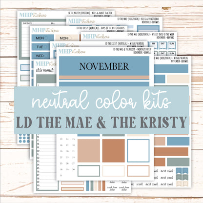 NOVEMBER Stickers for The Mae & Kristy Laurel Denise Planners (formerly Book Bound Planner). Neutral Color || BBN