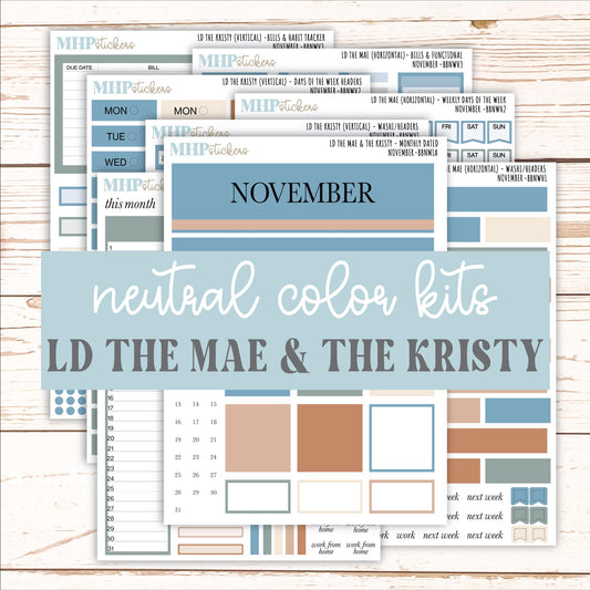 NOVEMBER Stickers for The Mae & Kristy Laurel Denise Planners (formerly Book Bound Planner). Neutral Color || BBN