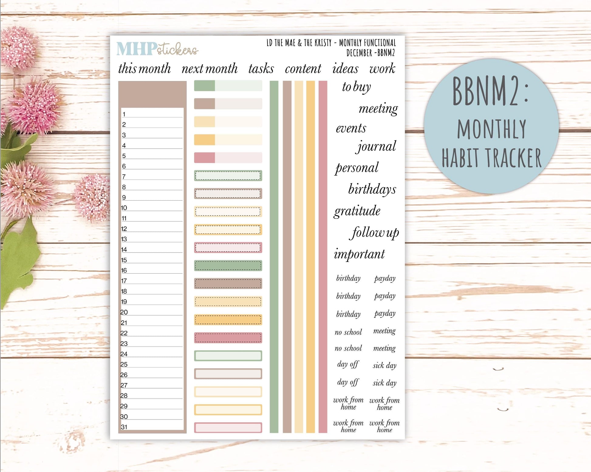 DECEMBER Stickers for The Mae & Kristy Laurel Denise Planners (formerly Book Bound Planner). Neutral Color || BBN