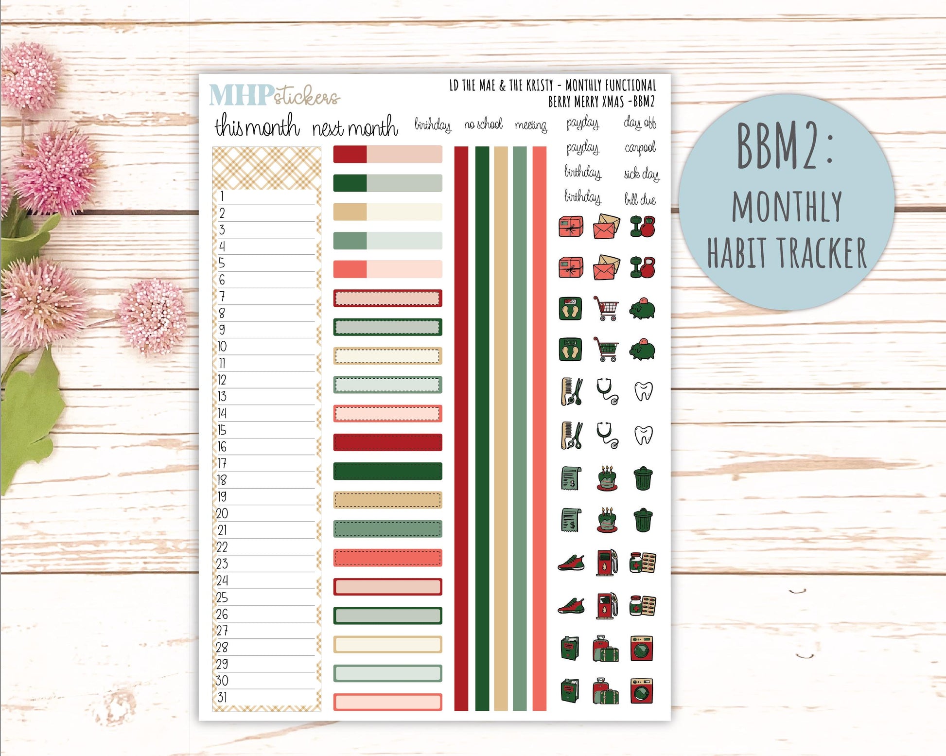 DECEMBER 2025 Stickers for The Mae & The Kristy Laurel Denise Planners ( Formerly Book Bound Planner) "Berry merry XMas" || BB