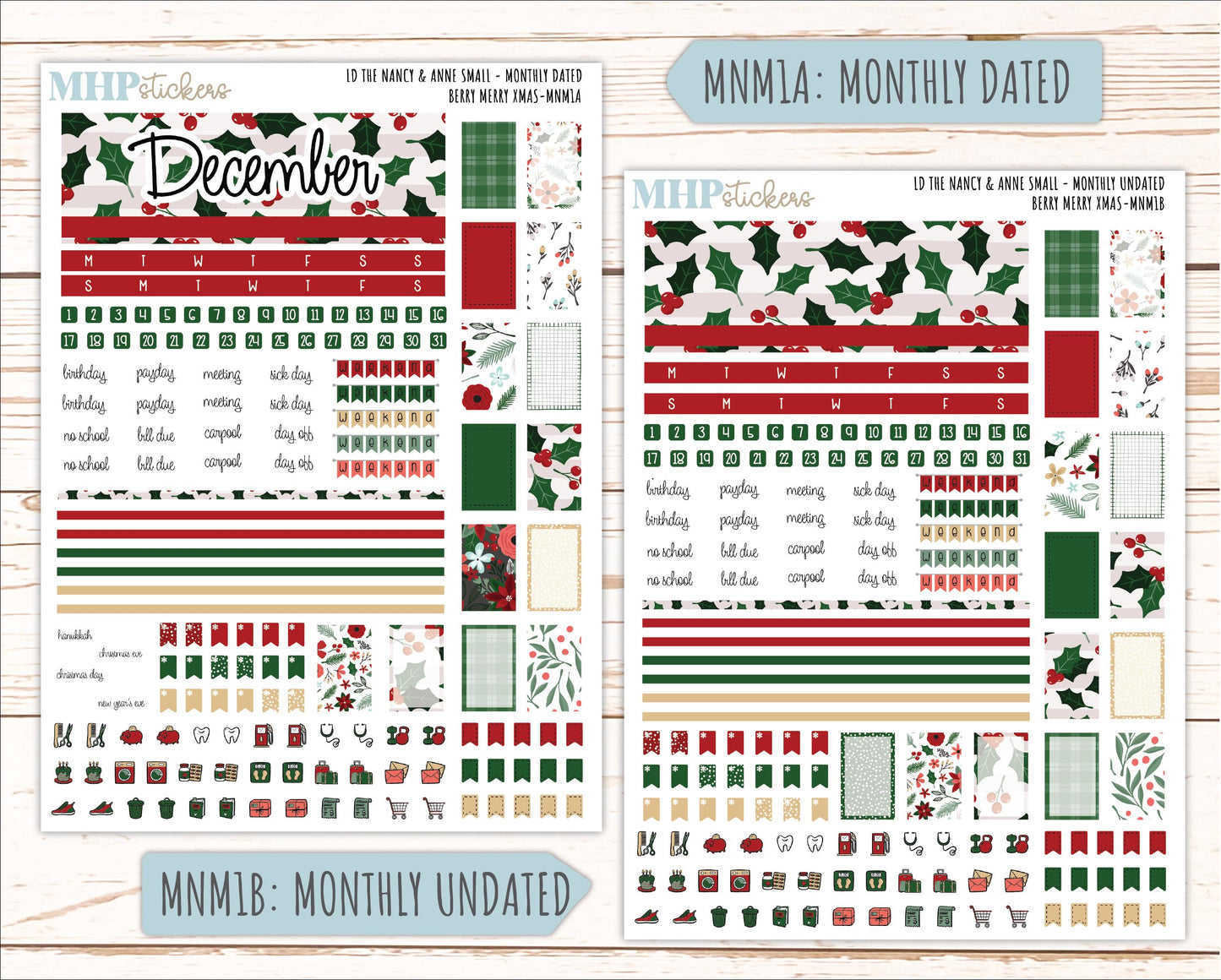 DECEMBER 2025 Stickers for Small Nancy & Anne Laurel Denise Planners. (Formerly Mini Planner) "Berry Merry Xmas" || MN