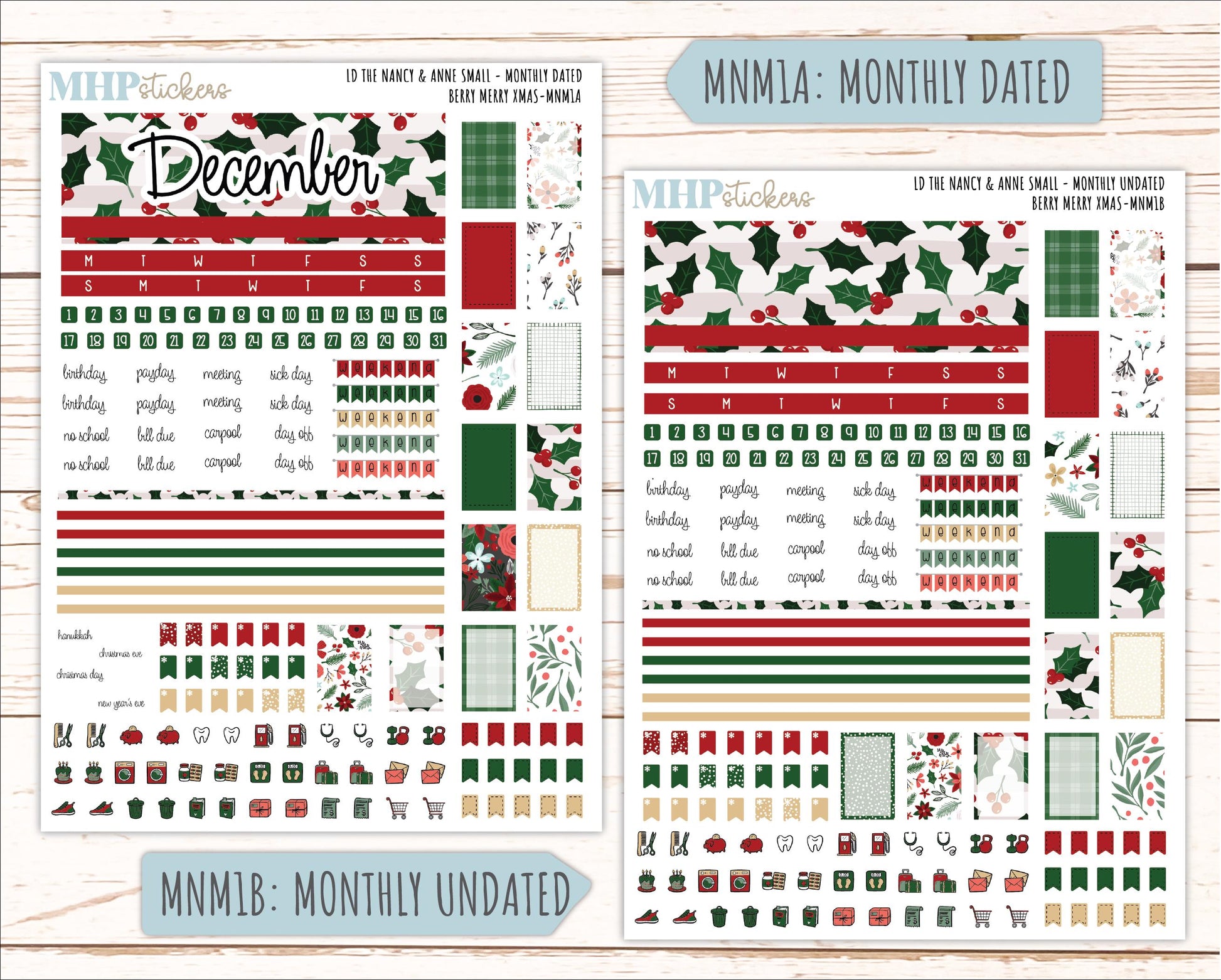 DECEMBER 2025 Stickers for Small Nancy & Anne Laurel Denise Planners. (Formerly Mini Planner) "Berry Merry Xmas" || MN