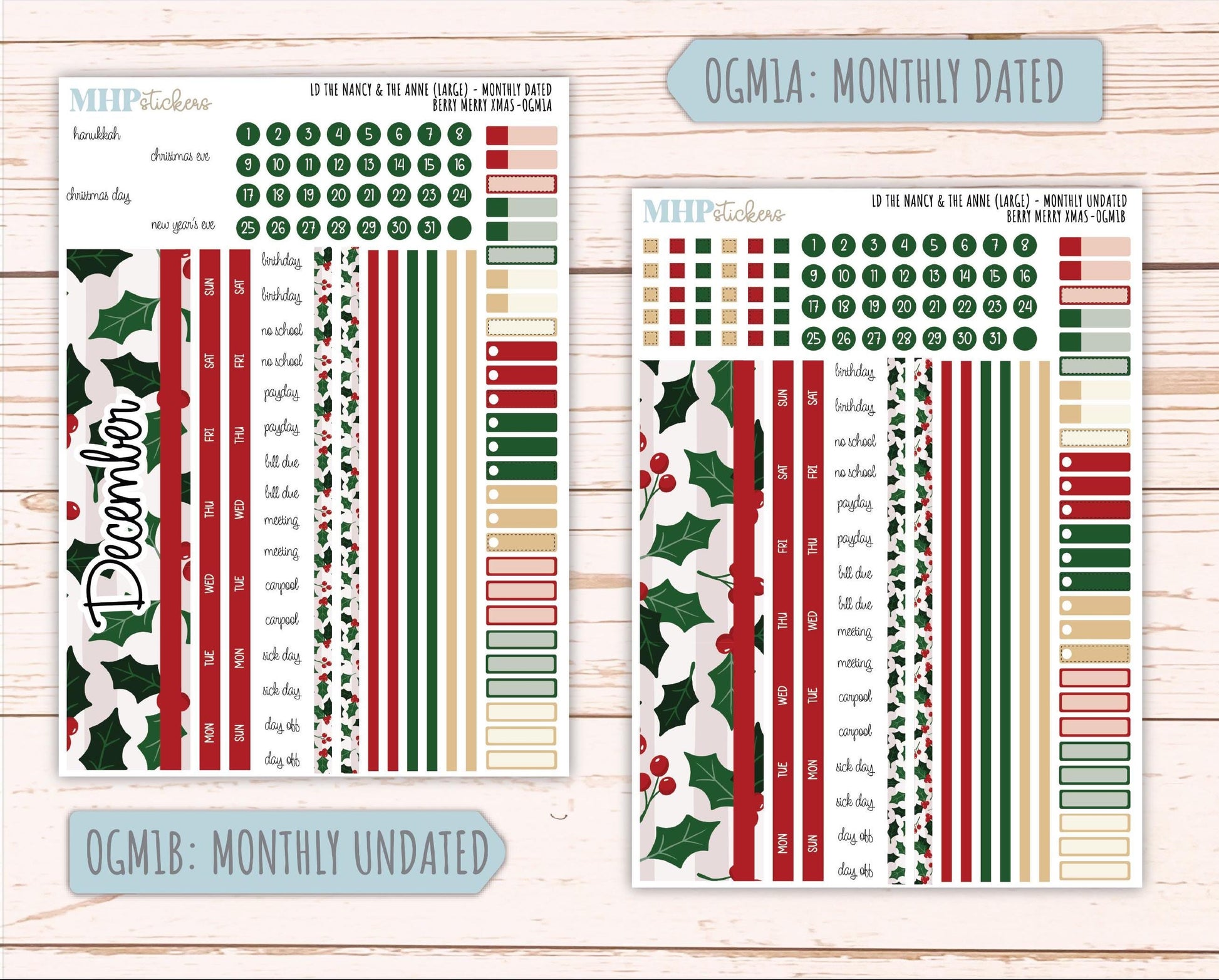 DECEMBER 2025 Stickers for Large-size Horizontal & Vertical Laurel Denise Planners. (Formerly Original Size) "Berry Merry Xmas" || OG