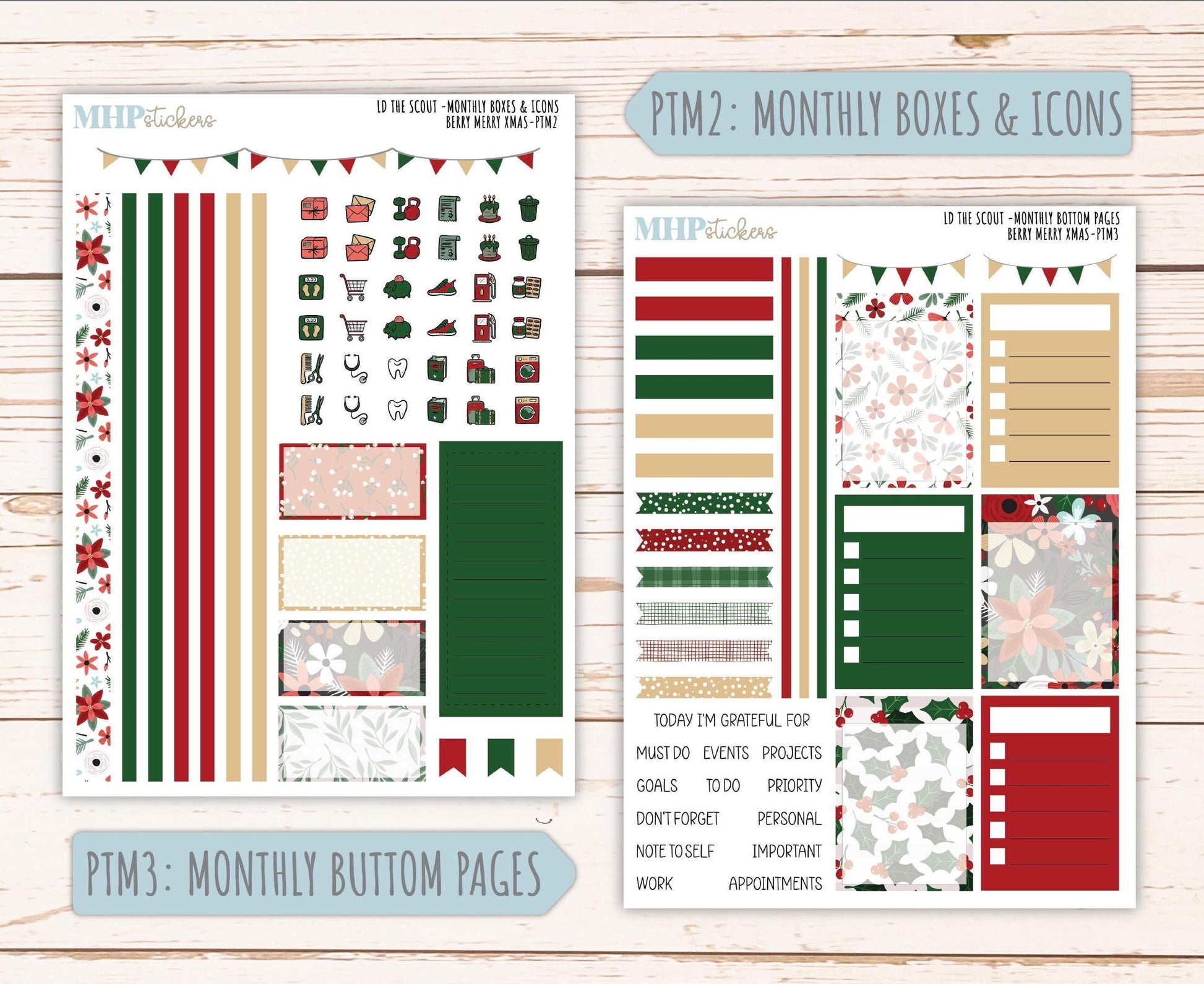 DECEMBER 2025 Stickers for the Large Laurel Denise Scout Planner (formerly Portrait Planner) "Berry Merry Xmas" || PT